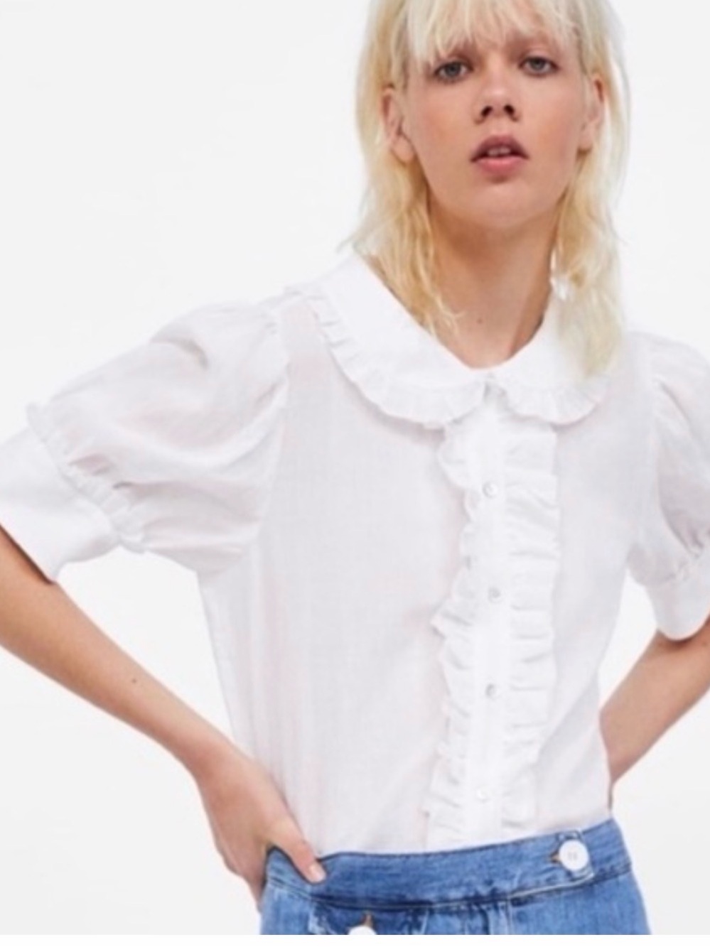 Zara White Ruffle Front Puff Sleeve Blouse
